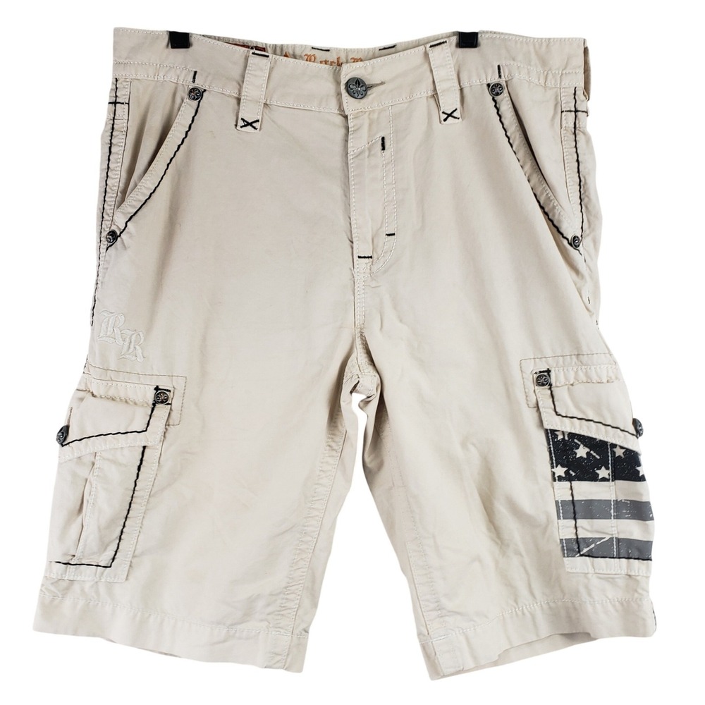 Rock Revival RCM072-1A Cargo Shorts Men 36 Sand Beige Y2K Moto Americana